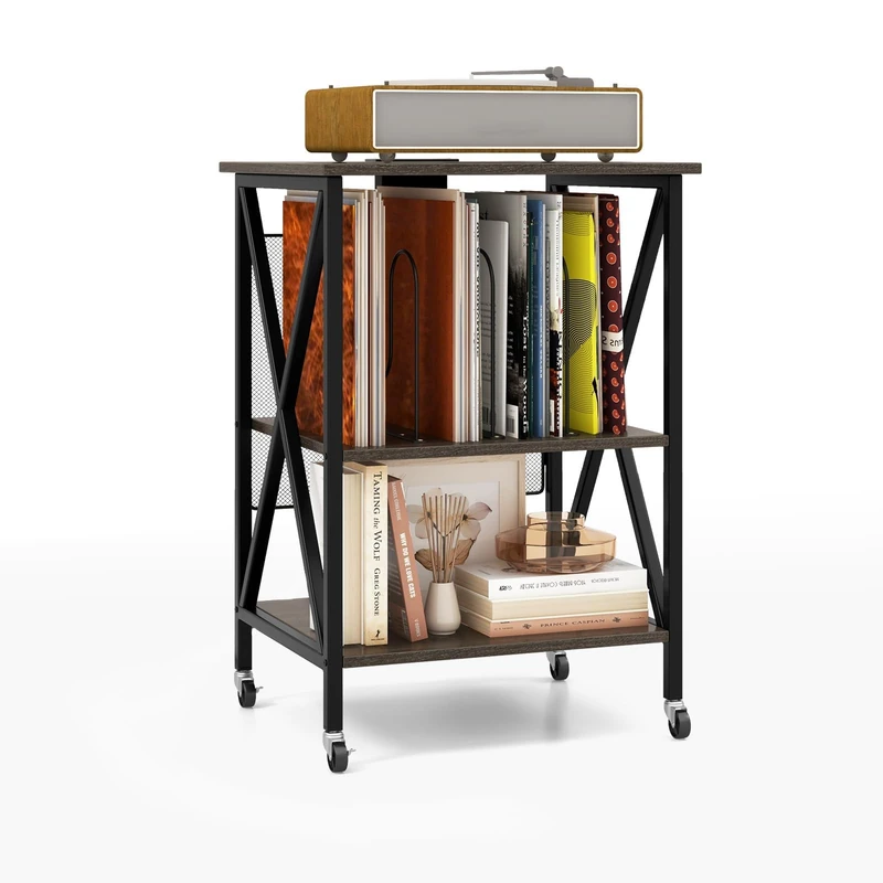 FANTASK Mobile Filing Cabinet, Turntable Stand with Integrated Charging Station, Wheels and Metal Frame, Vinyl Rolling Stand for Study, Living Room, 52 x 45 x 75 cm (Grey) - Image 1