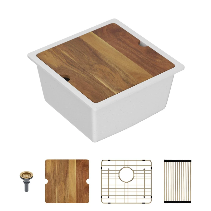 Lordear 18 Inch White Granite Composite Kitchen Sink Workstation 18x18 White Undermount Quartz Sinks Under Counter Single Bowl Sink with Classic Gold Accessories