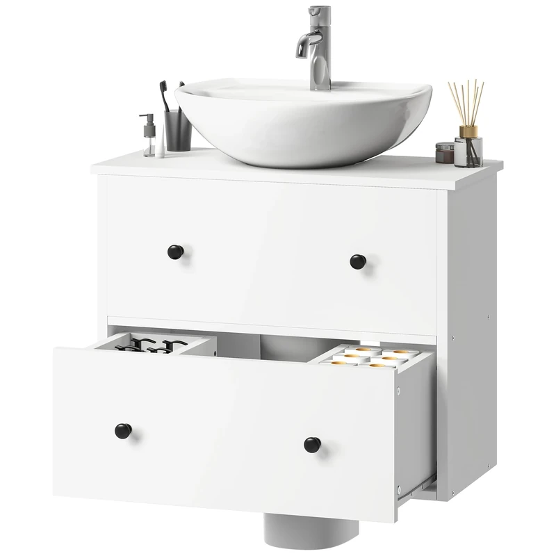 YITAHOME 60cm Bathroom Storage Cabinet Wall Mounted under Sink Cabinet with 2 Drawers Vanity sink Unit with U-shaped Cutout for Bathroom Apartment White