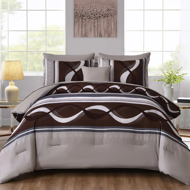Anibedding Queen Comforter Set - 8 Pieces Beige Brown Striped