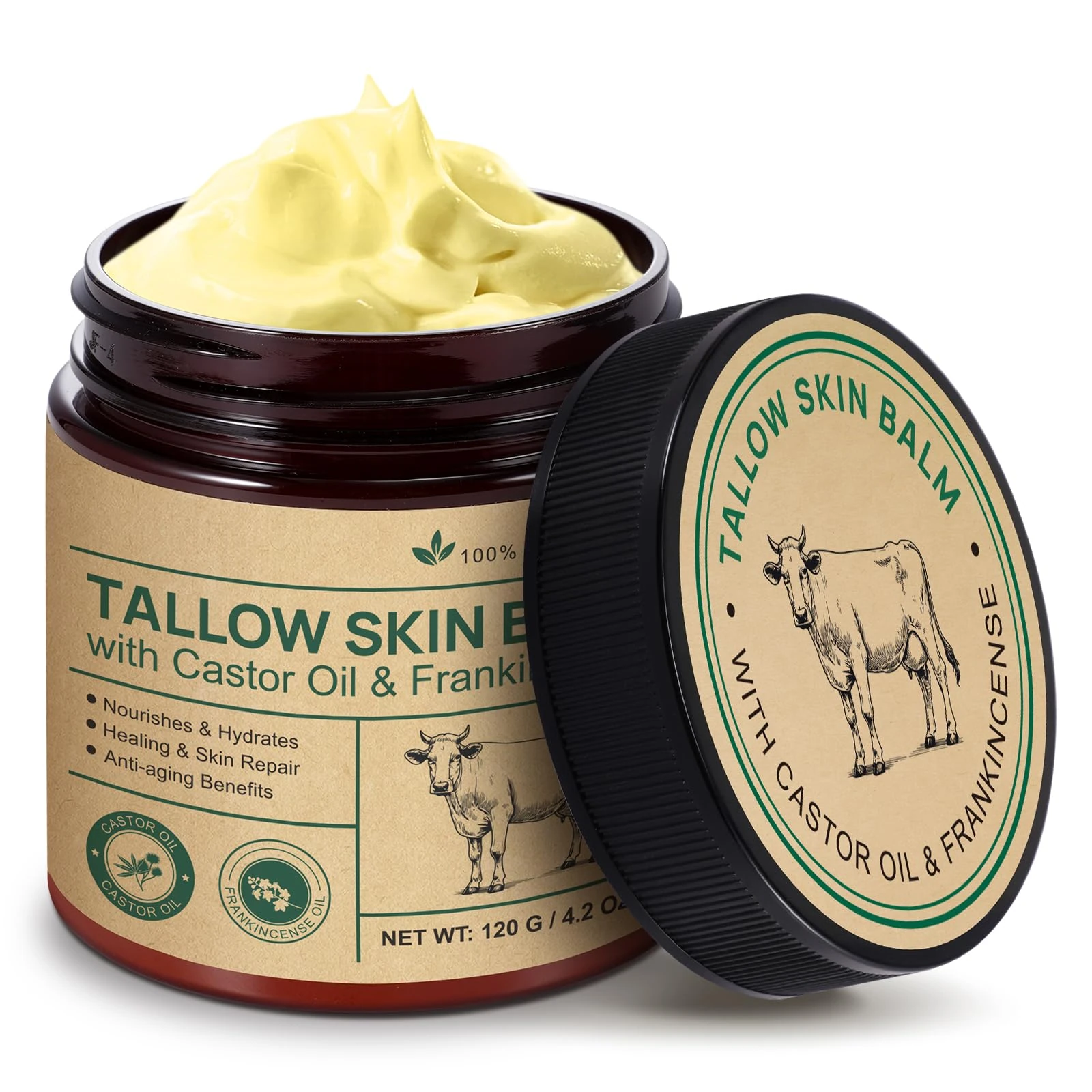 Tallow Balm With Castor Oil and Frankincense Balm, Frankincense Balms for Skin, 100% Grass-Fed Beef Tallow, Castor Oil, Nourish & Repairing Dry Skin, Face & Body Cream