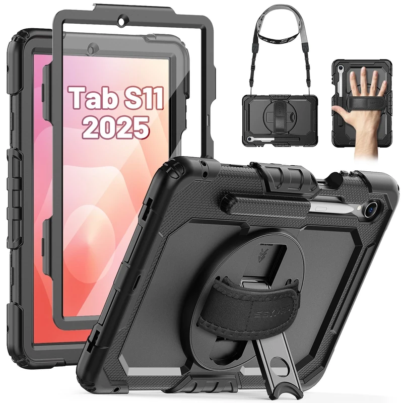 SEYMAC Case for Samsung Galaxy Tab S11 2025 11-inch SM-X730/SM-X736B, Protective Tablet Case with 360 Rotating Hand Strap & Stand, Pen Holder, Screen Protector and Shoulder Strap, Black