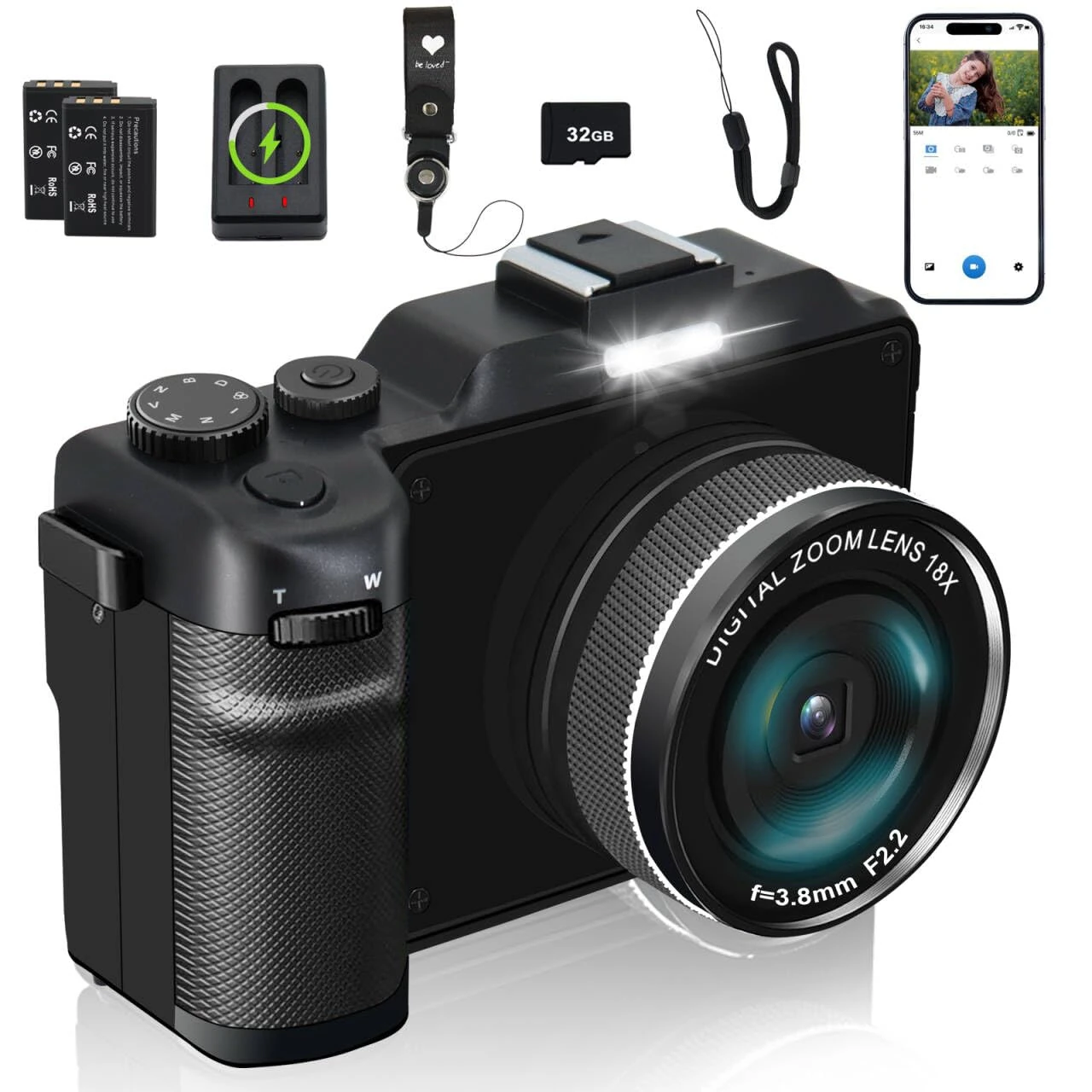 4K Digital Camera for Photography 64MP 18X Digital Zoom Auto Focus Macro Lens,Vlogging Camera with WiFi 2 Batteries 32G TF Card Charging Station,Portable Travel Camera for YouTube