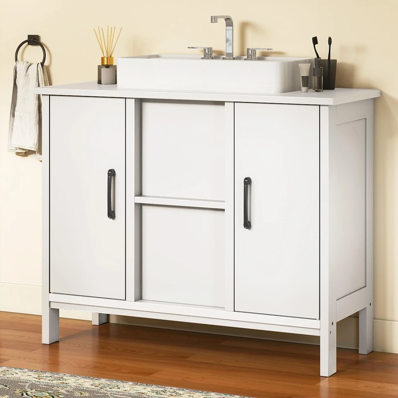 YITAHOME 70cm Under Sink Bathroom storage, Floorstanding Bathroom Cabinet with 2 Doors, Bathroom Vanity with Shelf, Sink Storage Cupboard for Baths, Apartment, Rental Units, White