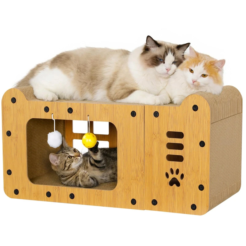 Gimars XXL 59.5 cm Cardboard Cat House Scratching Board for Cats for Cat Scratching and Furniture Protection, in Extended Design with Lying Surface Top and Cat Cave Bottom - Image 1