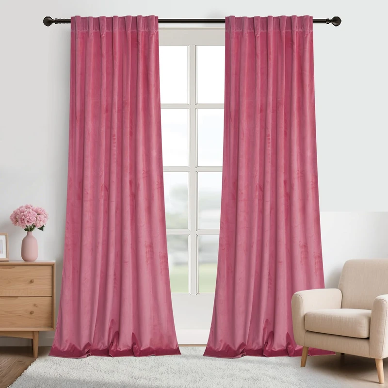Roslynwood Luxury Soft Candy Pink Velvet Curtains 108 inches Long Back Tab Thermal Insulated Blackout Window Drapes for Living Room/Bedroom/Dining Room, W52 x L108, 2 Panels