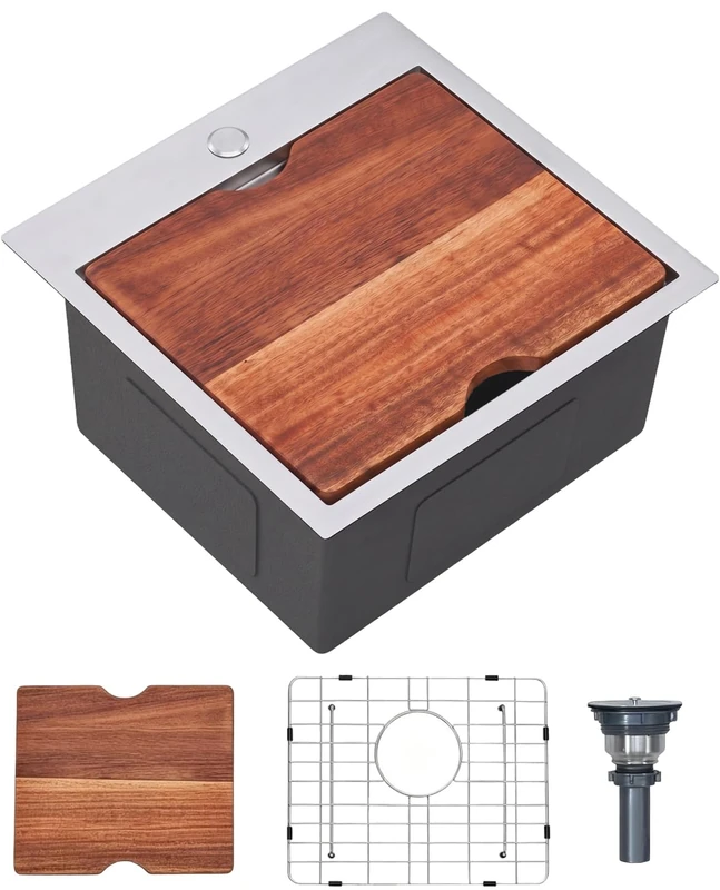 Friho 18 X 18 Inch Drop in Bar Sink, Stainless Steel Small Kitchen Sink, Top Mount Rv Sink Deep Workstation Single Bowl, Outdoor Camper Laundry Wet Bar Prep Sinks with Grid & Drain & Cutting Board