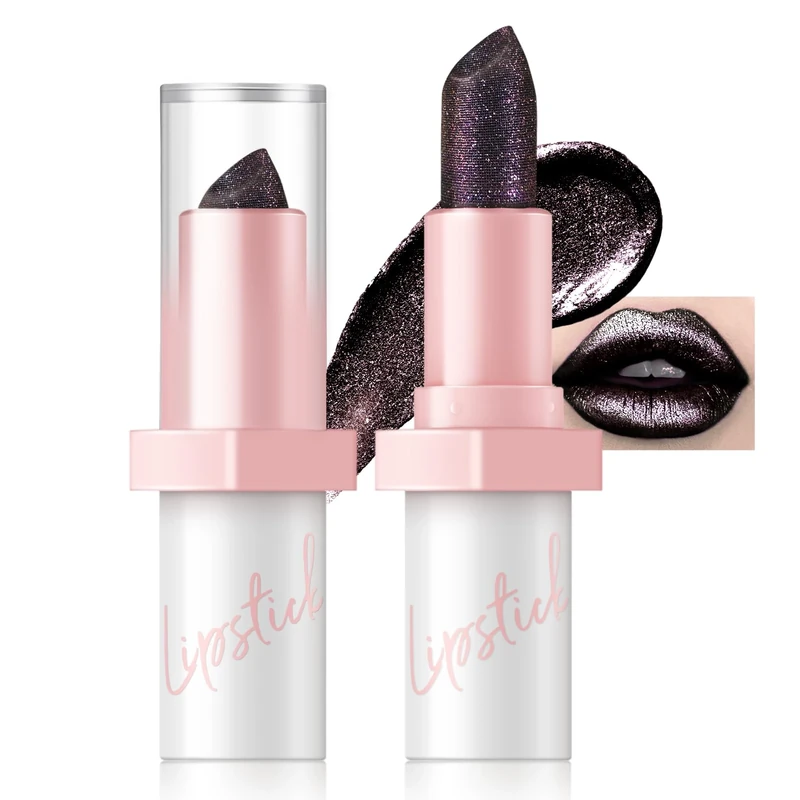 Noerrors Metallic Black Glitter Lipstick, High Impact Shine Lipcolor, Transfer Proof Diamond Creamy Lipstick, Long Lasting Shimmer Soft Non Stick Cup Goth Lip Makeup for Women Girls #07