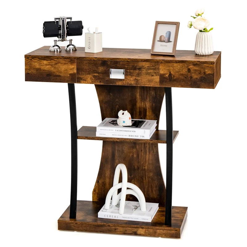 FANTASK Narrow Console Table, Wooden Side Table with Drawers & Metal Frame & 2 Shelves, Vintage Sideboard with Tilt Protection, for Entrance Area and Living Room (Brown) - Image 1