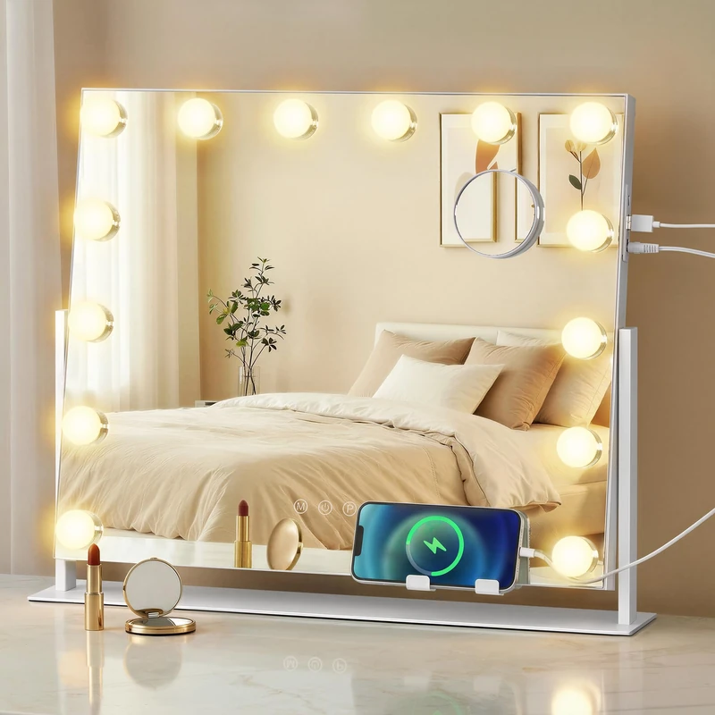 SONGMICS Vanity Makeup Mirror with Lights, Charging Ports, 18 Dimmable LED Bulbs, 3 Colour Temperatures, Detachable 10x Magnifying Mirror, Phone Holder, 80 x 60 cm, Matte White LWM003WC03