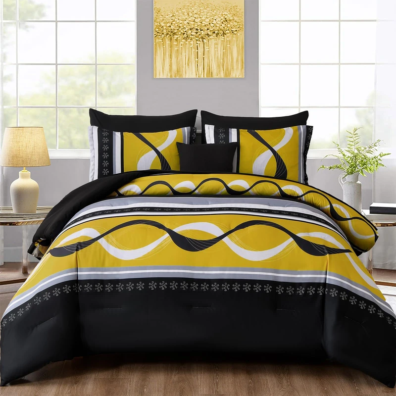 Anibedding Yellow Black Queen Comforter Set - 8 Pieces Bed in a Bag