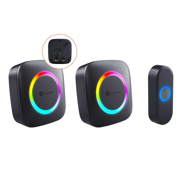 Smartwares Wireless doorbell Set - Portable Chime, Plug-in Chime and Push Button - 300 m Range - 36 melodies - LED Ring - 85 dB - 4 Sound Level & Mute Function - Black - PD-4927