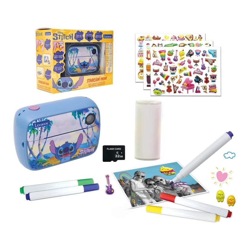 LEXIBOOK, Starcam® Print Disney Stitch, HD digital camera pack with instant printer, SD card, and photo customization kit, Blue, DJ149D