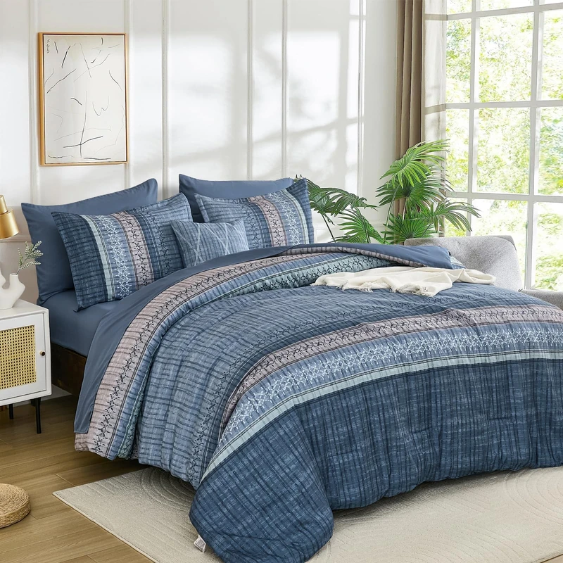 Dintszyayue Blue Comforter Set Cal King Size, 8 Pieces Boho Striped Bed in a Bag Soft Microfiber Bedding Set for All Season