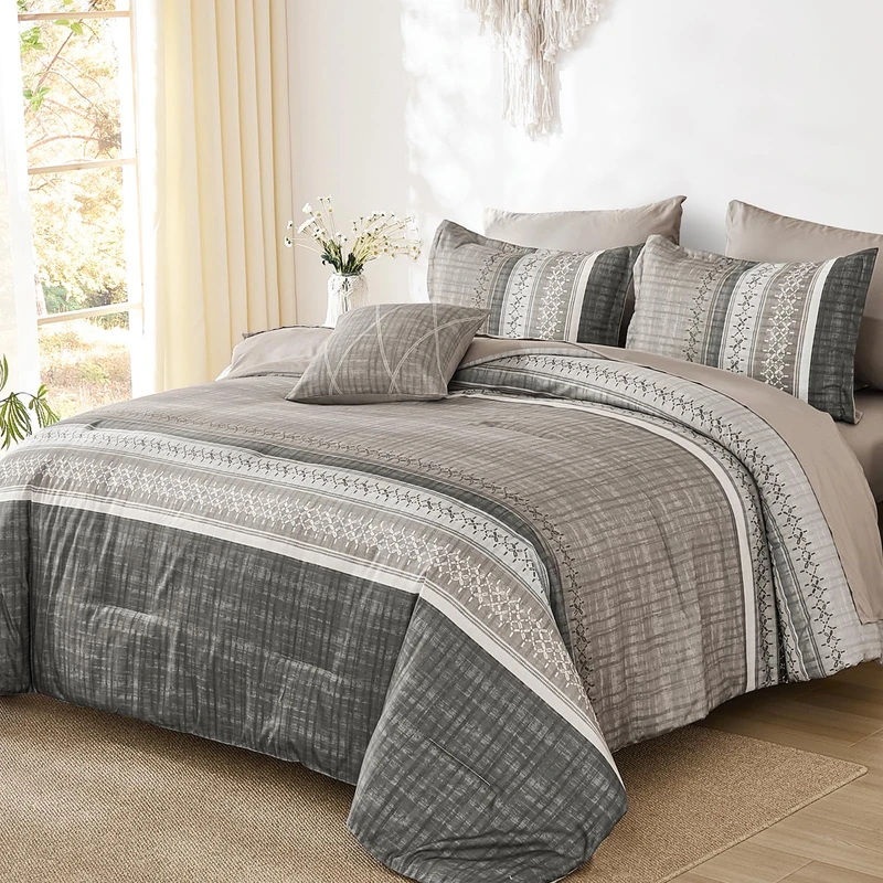 Dintszyayue Taupe Queen Comforter Size Set, 7 Pieces Striped Texture Bed in a Bag Bedding Sets, Lightweight Soft Comforter and Sheet Set, All Season Microfiber Teen Boys Bedding Sets for Men Women