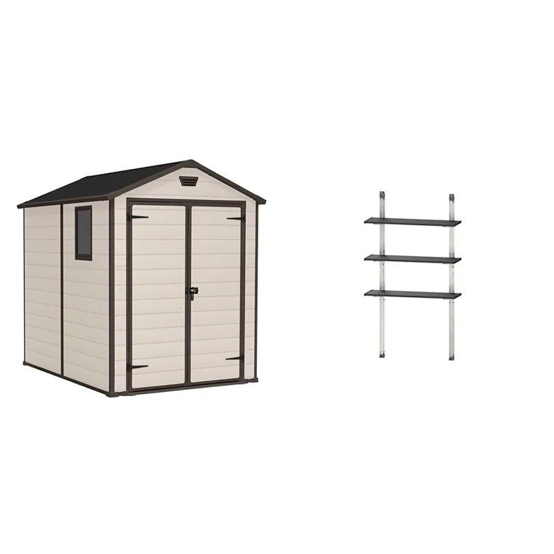 Keter Manor Outdoor Apex Double Door Garden Storage Shed 6 x 8ft Beige Brown Wood effect Fade Free All Weather Resistant Safe and Secure Zero Maintenance 15 year Warranty + Keter Shed Shelving Kit