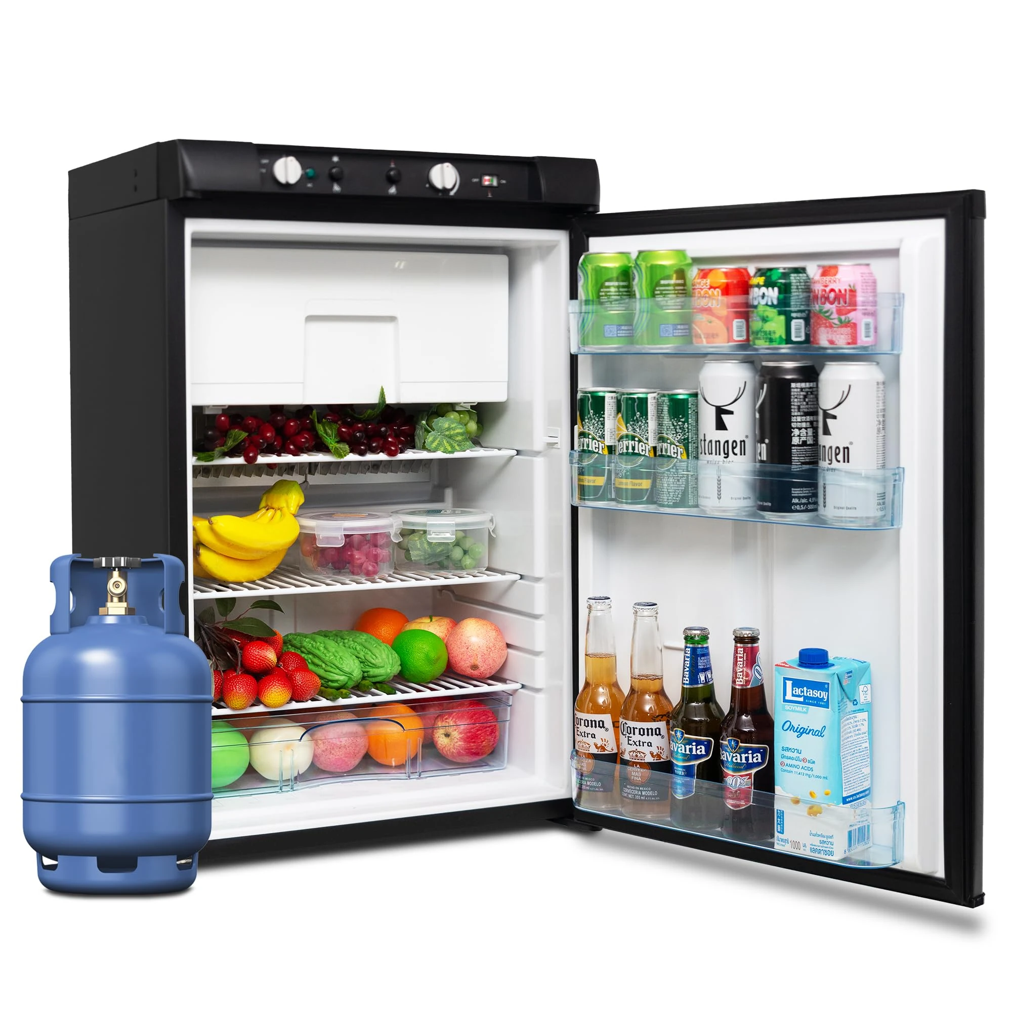 Smad Gas Fridge Freezer 100L, 3 Way Fridge Freezer Camping Gas 240V 12V for Off-grid, Caravan, Campervan, Van, Motorhome, Garage, Truck, Tent, RV, Mobil-Home, 0dB, Black