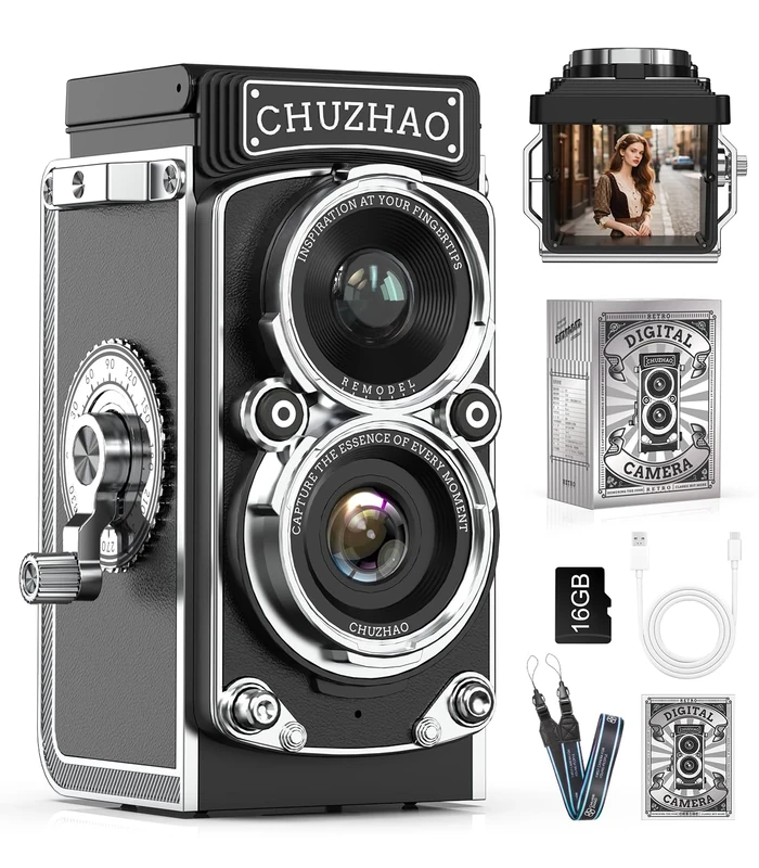 CHUZHAO Retro TLR Style Digital Camera, Vintage Mini Point and Shoot with 1080P FHD Video, 12MP Autofocus, Pocket Travel Camera with 16GB Card, Gift for Kids Teens Adults