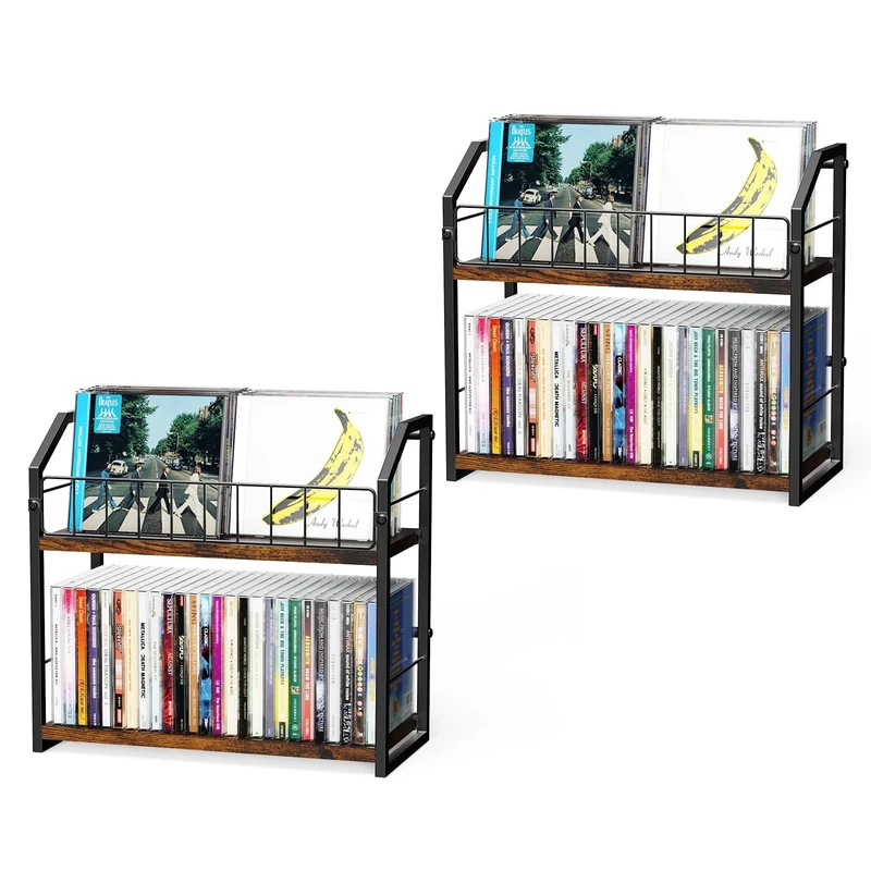 PAPAGIFTREE 2-Tier CD Holder 2 PCS, CD Storage Shelf for Display, CD Organizer with Dispay Top Shelf, Premium CD Rack for Home, Holds Up to 120 standard, Ideal for Music Enthusiasts (Brown 2PCS)