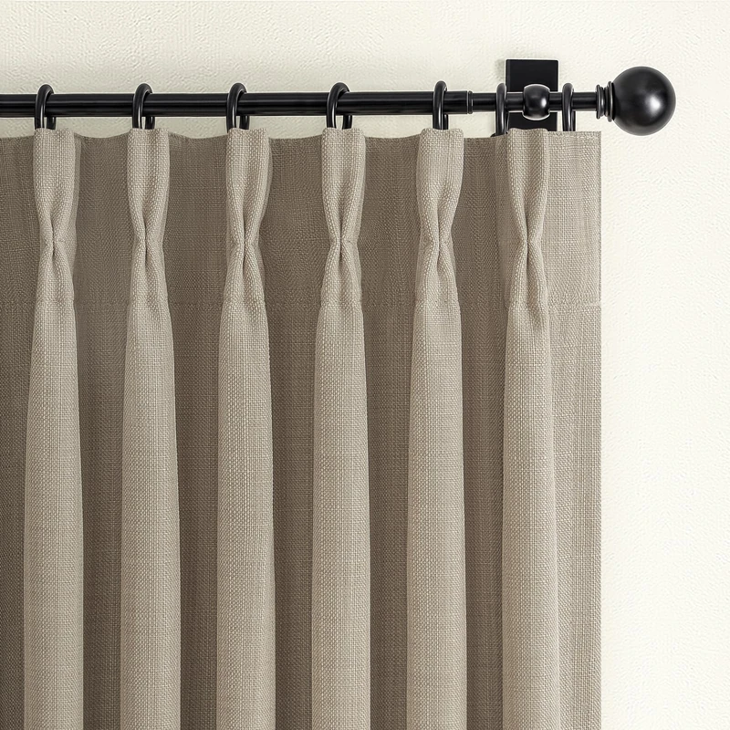 Pinch Pleated Warm Beige Blackout Mini Curtains 54 Inch Length 2 Panels for Cafe, Memory Shape Two Layer Thick Linen Insulated Noise Reducing Drapes Light Blocking Rustic Windows Curtain for Basement