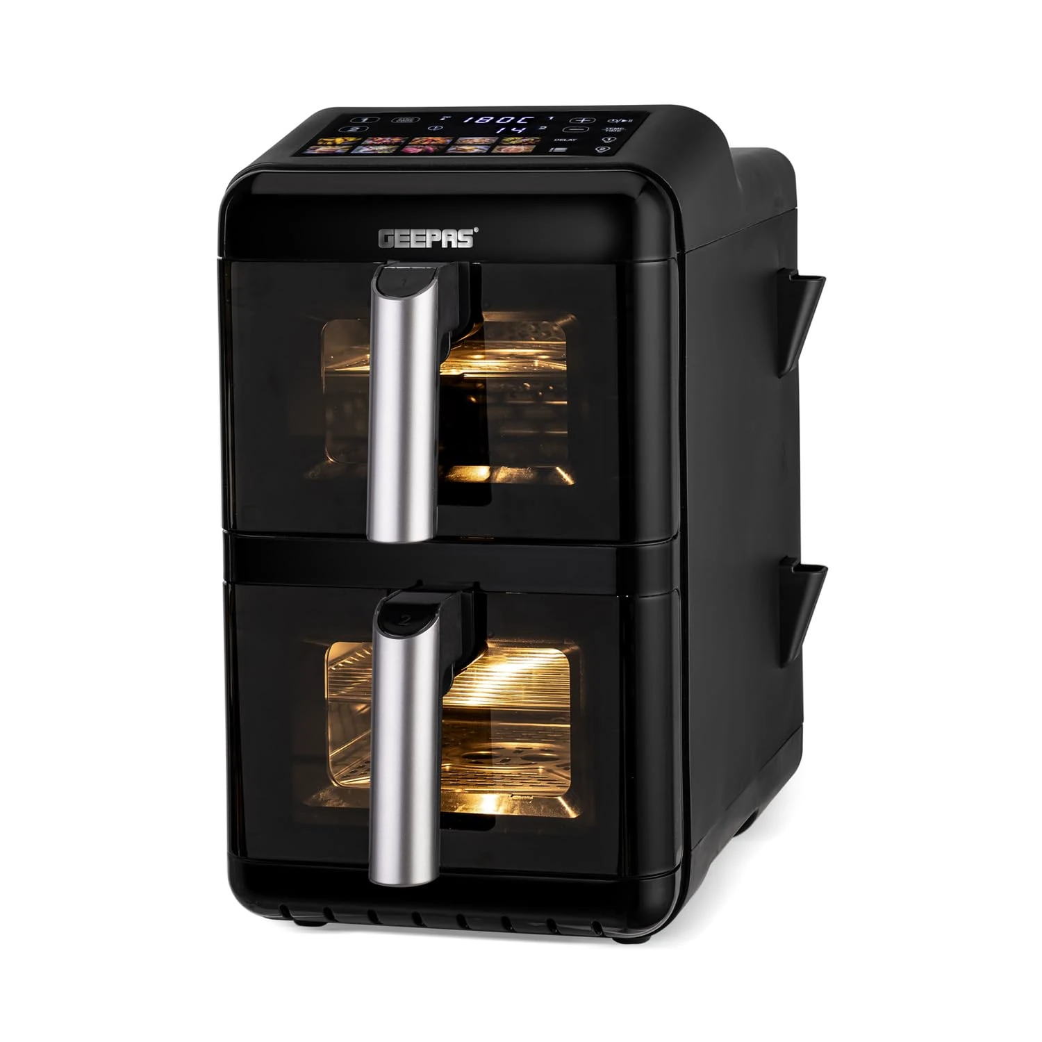 GEEPAS 2800W Dual Basket Stack Air Fryer | 12L XXL Capacity 2x6L Twin Baskets | Space-Saving Vertical Design with Sync Cook for Both Baskets 10 Presets Rapid Air Tech Energy Efficient Healthy Cooking