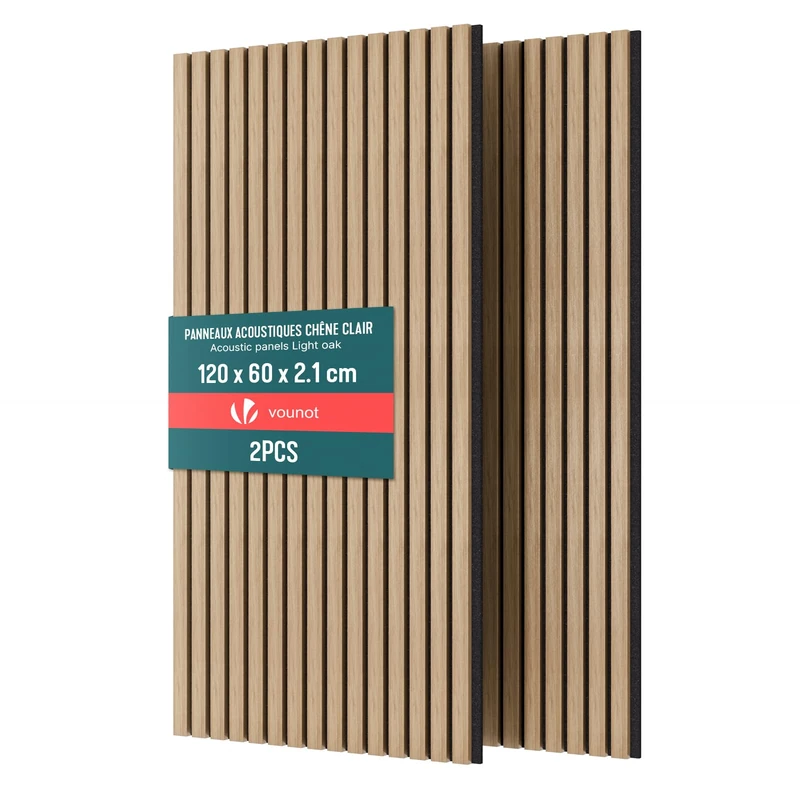 VOUNOT® 2 Pack Acoustic Wall Panels 120x60cm MDF Slat Panels Sound Absorption Decorative Panels for Home Studio Office Bedroom, Light Oak