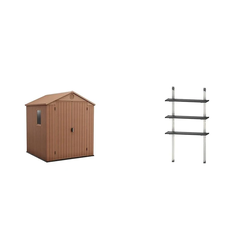 Keter Darwin Outdoor Apex Double Door Garden Storage Shed 6x6ft Brown Evotech+Wood Look & Feel Fade Free All Weather Resistant Safe and Secure Zero Maintenance 15year Warranty+Keter Shed Shelving Kit