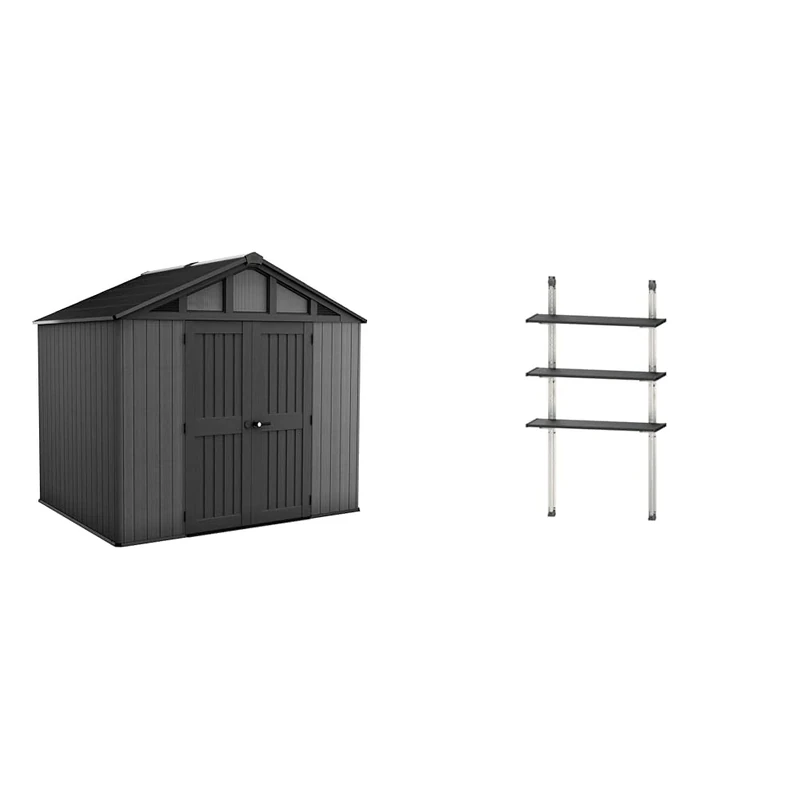 Keter Stronghold 10x8 Garden Shed – Grey Steel-Reinforced Evotech Resin Extra-Wide Double Doors (152.5cm) Skylights+Windows Ventilated & Weatherproof Maintenance-Free Storage Shed Shelving Kit