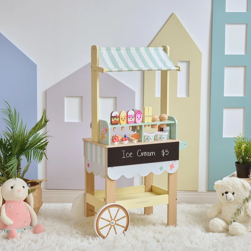 Teamson Kids Jolly Pals Ice Cream Stand, Wooden Play Cart with Chalkboard, Mint Green, Rolling Wheels