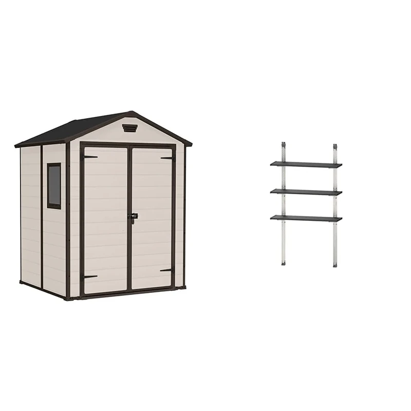 Keter Manor Outdoor Apex Double Door Garden Storage Shed 6 x 5ft Beige Brown Wood effect Fade Free All Weather Resistant Safe and Secure Zero Maintenance 15 year Warranty + Keter Shed Shelving Kit