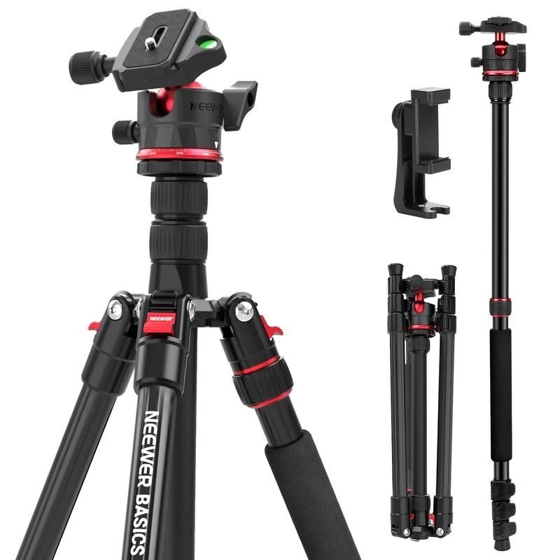 NEEWER BASICS 72" / 182 cm Travel Tripod Monopod for Camera, Compact Lightweight Video Recording Stand, Arca Type Ball Head, Holder Compatible with Phone, Max Load 13.2 lb, TP14B