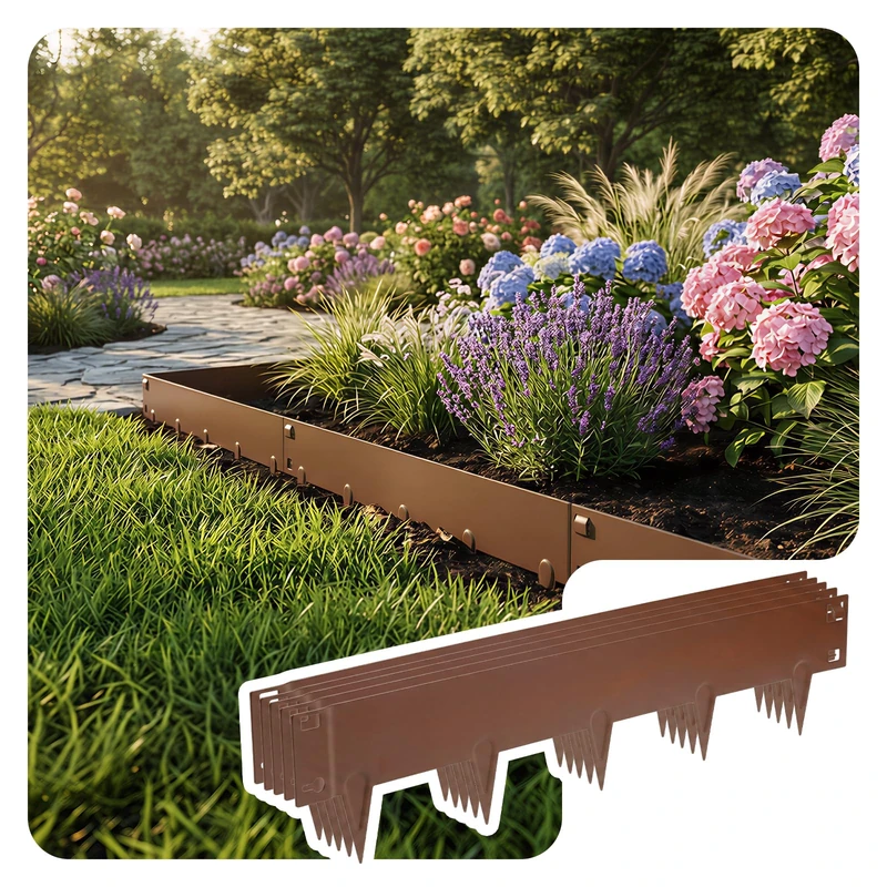 VOUNOT® 10M Galvanised Steel Garden Edging, Flexible Metal Lawn Border, Heavy Duty 1.5mm Thick, 106x18cm Panels, 10 Pack, Brown