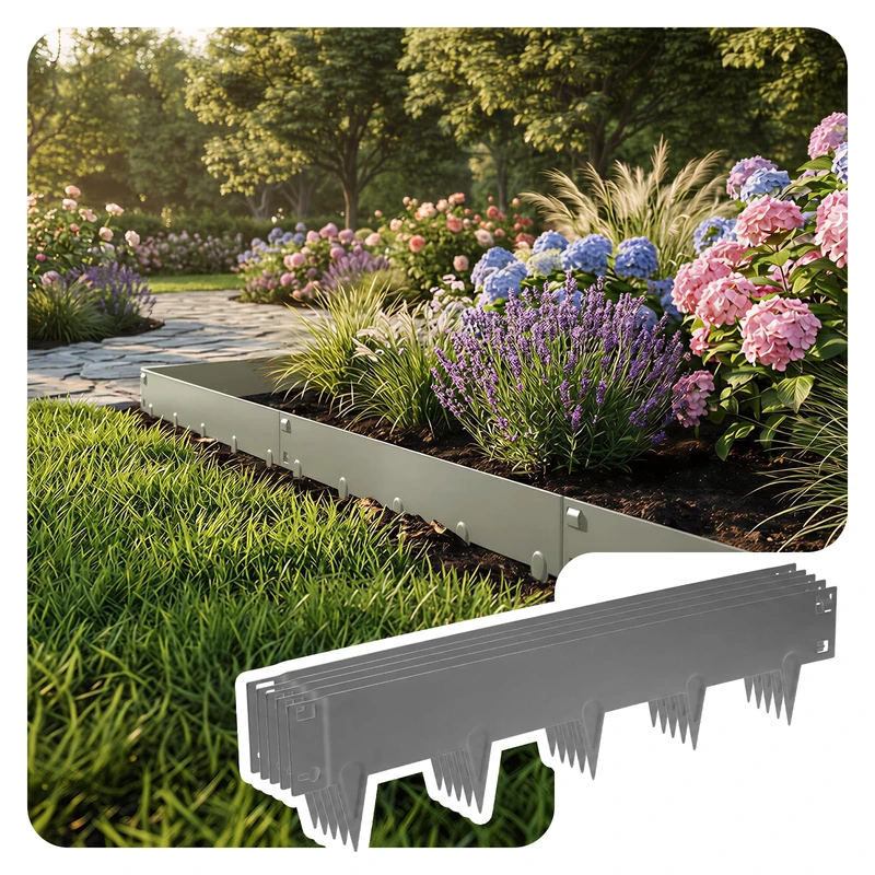 VOUNOT® 10M Galvanised Steel Garden Edging, Flexible Metal Lawn Border, Heavy Duty 1.5mm Thick, 106x18cm Panels, 10 Pack, Grey