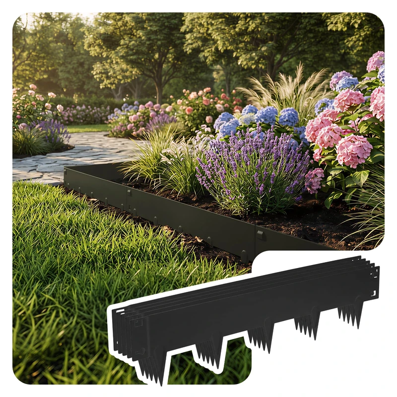 VOUNOT® 10M Galvanised Steel Garden Edging, Flexible Metal Lawn Border, Heavy Duty 1.5mm Thick, 106x18cm Panels, 10 Pack, Black