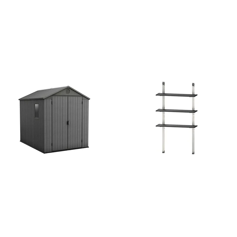Keter Darwin Outdoor Apex Double Door Garden Storage Shed 6 x 8ft Grey Evotech+Wood Look & Feel Fade Free All Weather Resistant Safe and Secure Zero Maintenance 15year Warranty+Keter Shed Shelving Kit