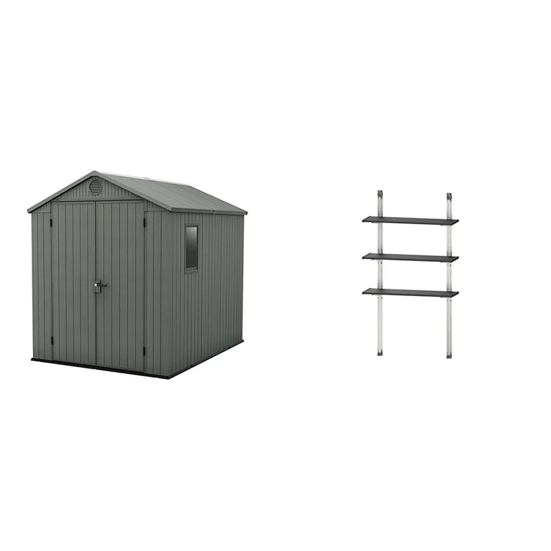 Keter Darwin 6x8ft Outdoor Resin Garden Shed – Green Evotech+ Wood-Look Waterproof Resin Storage for Tools & Bikes Double Doors Lockable 15 Yr Warranty Zero Maintenance + Keter Shed Shelving Kit