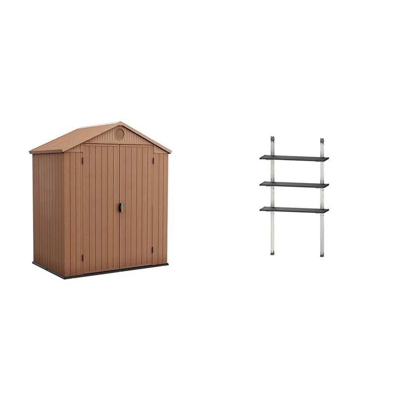 Keter Darwin Outdoor Apex Double Door Garden Storage Shed 6 X 4ft Brown Wood Look And Feel Fade Free All Weather Resistant Safe And Secure Zero Maintenance 15 Year Warranty + Keter Shed Shelving Kit