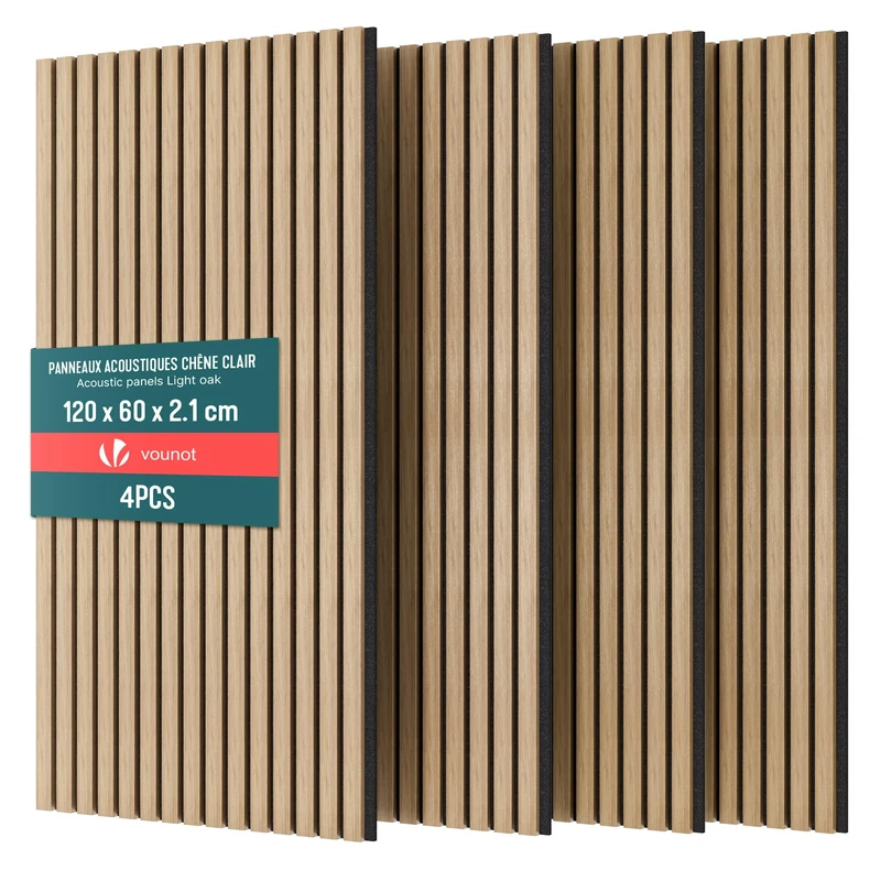 VOUNOT® 4 Pack Acoustic Wall Panels 120x60cm MDF Slat Panels Sound Absorption Decorative Panels for Home Studio Office Bedroom, Light Oak