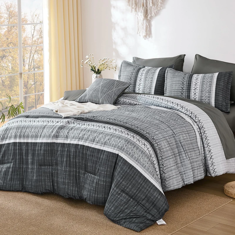 Dintszyayue Grey Queen Comforter Size Set, 7 Pieces Striped Texture Bed in a Bag Bedding Sets, Lightweight Soft Comforter and Sheet Set, All Season Microfiber Teen Boys Bedding Sets for Men Women