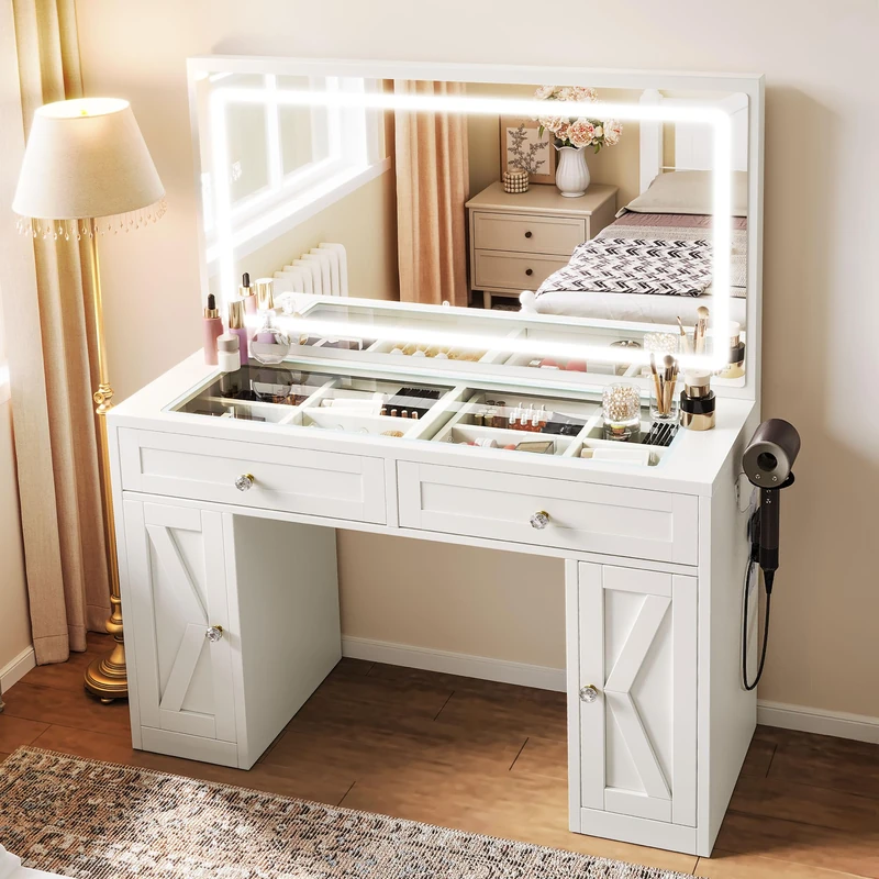 YITAHOME Dressing Table with LED Mirror, Makeup Desk with Adjustable 3-Colour Lighting, Safety Glass Top & Built-in Plug Socket, Modern White Vanity Table for Bedroom, 115 × 40 × 134 cm