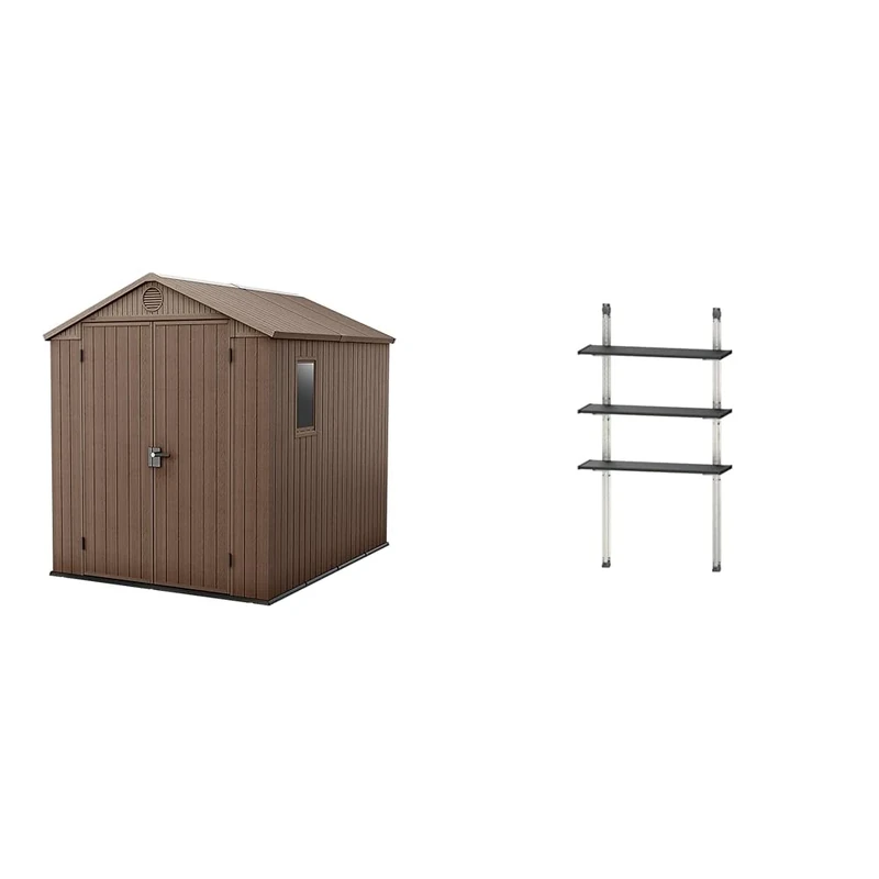 Keter Darwin 6x8ft Outdoor Resin Garden Shed – Brown Evotech+ Wood-Look Waterproof Resin Storage for Tools & Bikes Double Doors Lockable 15 Yr Warranty Zero Maintenance + Keter Shed Shelving Kit