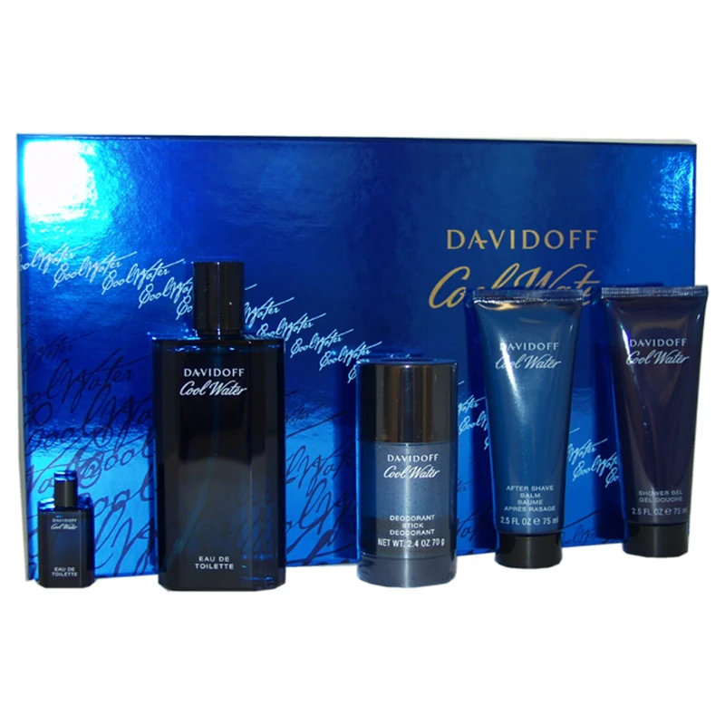 Cool Water by Davidoff for Men - 5 Pc Gift Set 4.2oz EDT Spray, 2.5oz After Shave Balm, 2.5oz Shower Gel, 2.4oz Deodorant Stick, 5ml Mini EDT Splash