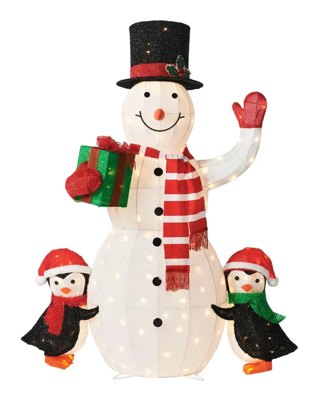 Pre-lit 3D Snowman & Penguins Silhouette – 100 cm Outdoor Christmas Decoration, 160 Warm White LED Lights, Garden Stakes