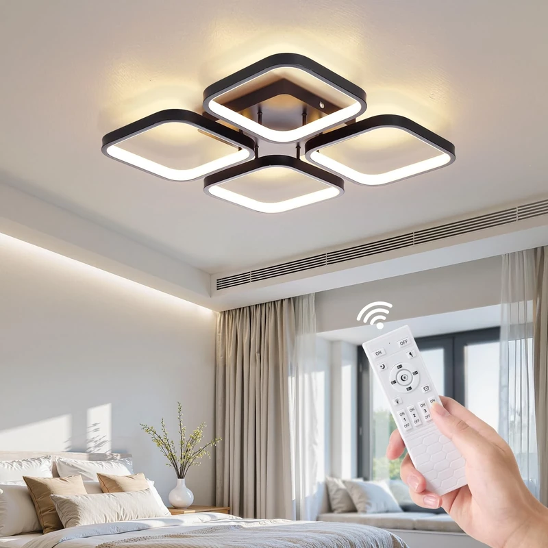 Warmiehomy Modern LED Ceiling Lamp,60W LED Ceiling Lighting Fixtures with Remote Control,3000-6500K,43CM Square 4 Lights Black Ceiling Lights for Living Room