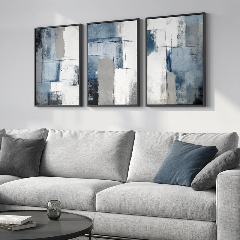 Framed Blue and Grey Abstract Wall Art, 3 Piece Modern Canvas Prints Paintings Artwork for Walls, Minimalist Abstract Block Pictures for Living Room Dining Room Lounge Bedroom Wall Decor 16x24 In