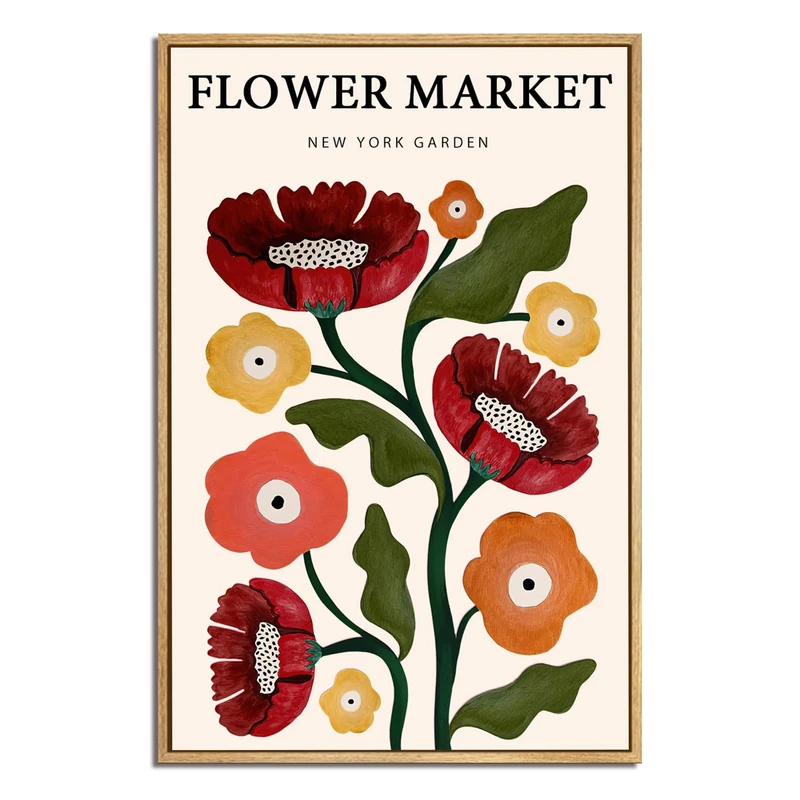 Gufro Boho Flower Market Framed Canvas Wall Art,Red Aesthetic Abstract Canvas Floral Wall Art for Bathroom，Living Room-24x32in