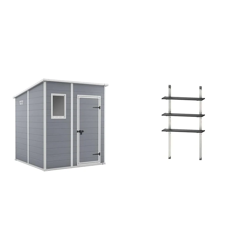 Keter Manor Pent Garden Storage Shed 6 x 6 feet - Grey, 200.6 cm*183.5 cm*183.0 cm + Keter Shed Shelving Kit
