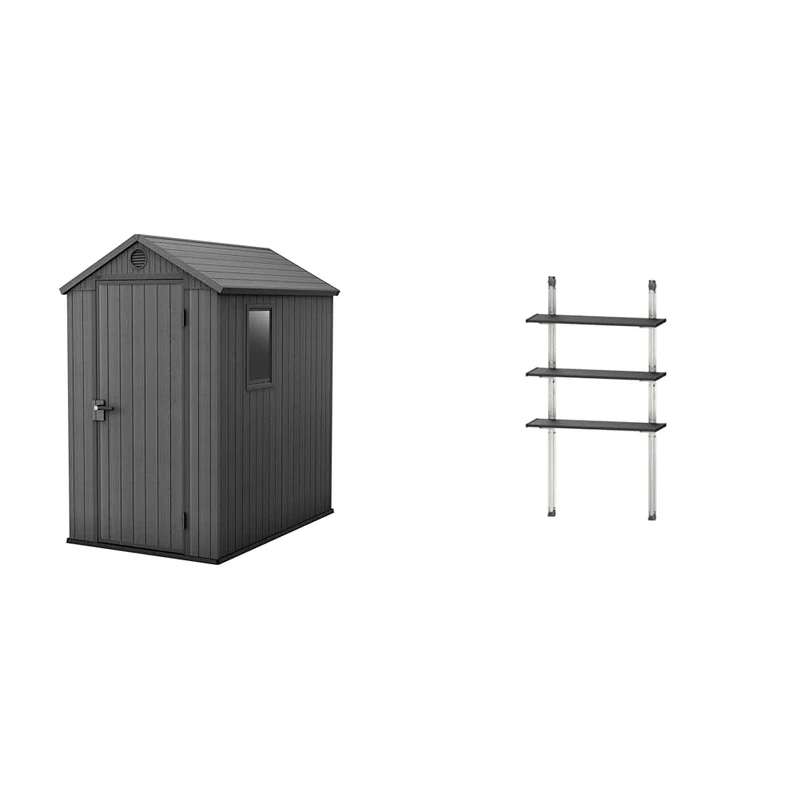 Keter Darwin Outdoor Apex Single Door Garden Storage Shed 6 x 4ft Grey Wood Look and Feel Fade Free All Weather Resistant Safe and Secure Zero Maintenance 15 year Warranty + Keter Shed Shelving Kit