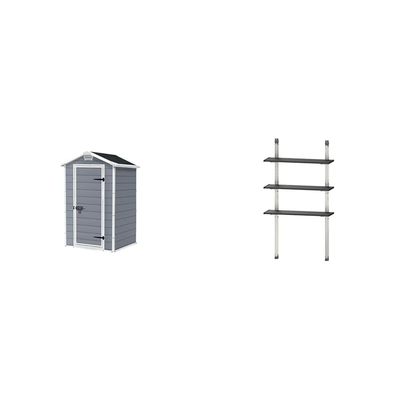 Keter Manor Outdoor Garden Storage Shed, Grey, 4 x 3 ft + Keter Shed Shelving Kit