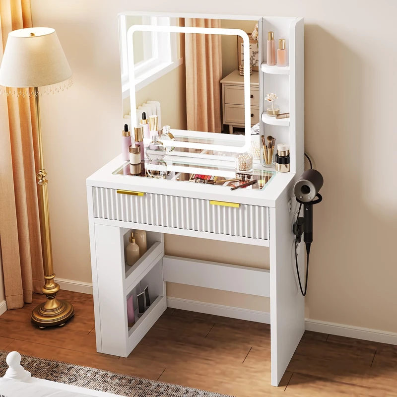 YITAHOME Dressing Table with Adjustable LED Lighting & Sockets, Transparent Glass Top Makeup Table, Vanity Table for Bedroom, 1 Drawers and 4 Compartments, White